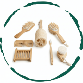 Zero-Waste Bamboo Bathroom Accessories Bundle - Eco-Friendly 7-Pack Bath & Body Gift Set with Boar Bristle Brush, Loofah, Toothbrush, Holder